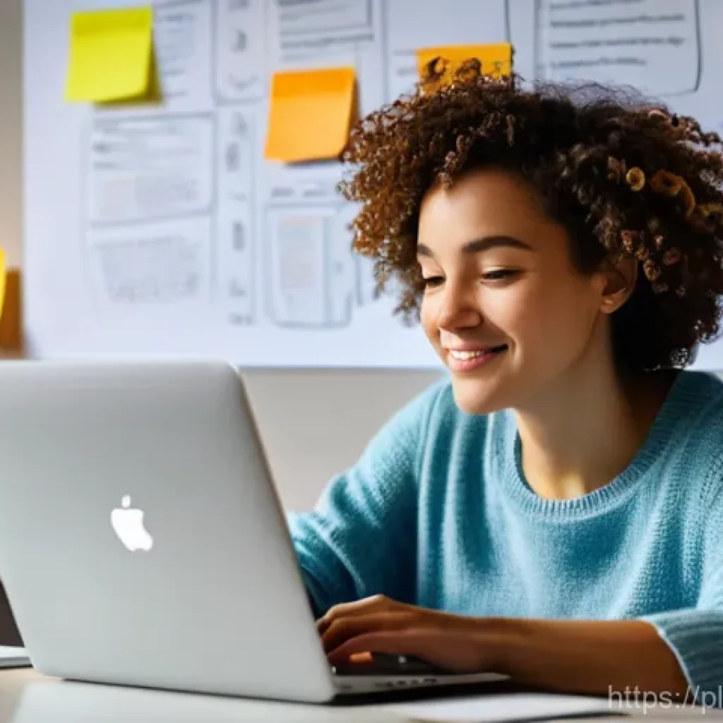 UX 라이팅의 기초 원칙  열린 질문 활용하기 - **Prompt:** A young, thoughtful female UX writer in her late 20s, with short, curly brown hair, sitt...