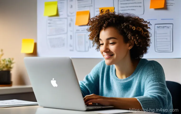 UX 라이팅의 기초 원칙  열린 질문 활용하기 - **Prompt:** A young, thoughtful female UX writer in her late 20s, with short, curly brown hair, sitt...