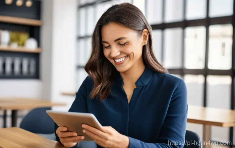 UX 라이팅의 최신 동향  글로벌 트렌드 - A diverse user (30s-40s, casually dressed) interacting with a sleek, modern banking app interface on...