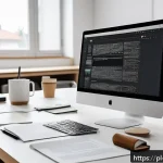 UX 라이팅의 사례  성공적인 웹사이트 분석 - A modern Polish office workspace scene focused on a UX writer at work, featuring a desktop computer ...