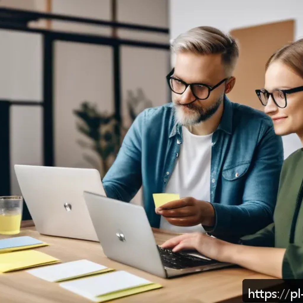 UX 라이팅에서의 커뮤니케이션 스타일의 다양성 - A modern Polish digital workspace scene showing a UX writer collaborating with a designer and market...