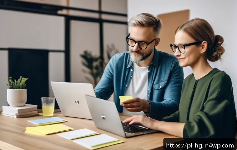UX 라이팅에서의 커뮤니케이션 스타일의 다양성 - A modern Polish digital workspace scene showing a UX writer collaborating with a designer and market...