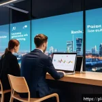 UX 라이팅과 다국어 지원 전략 - A modern digital workspace scene showing a diverse group of Polish users interacting with a sleek, u...