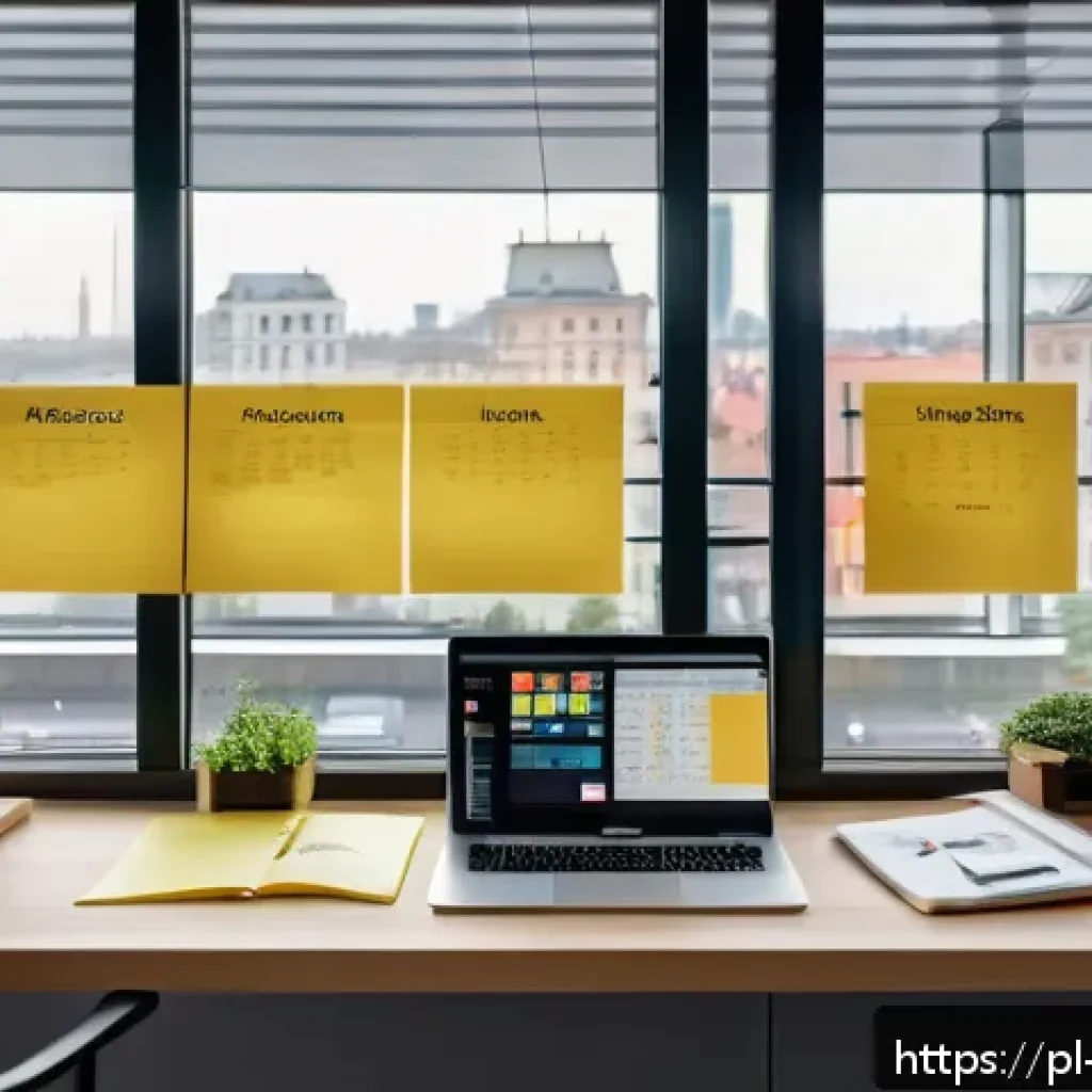 UX 라이팅을 위한 체크리스트 만들기 - A modern digital workspace showing a UX writer at a sleek desk in a bright office, surrounded by mul...
