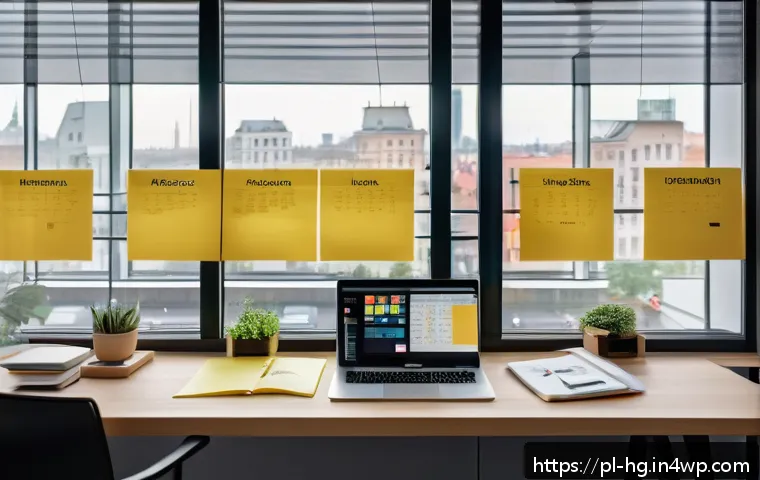 UX 라이팅을 위한 체크리스트 만들기 - A modern digital workspace showing a UX writer at a sleek desk in a bright office, surrounded by mul...