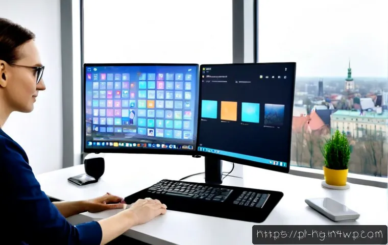 UX 라이팅과 인공지능  미래의 가능성 - Photorealistic modern Warsaw office, Polish UX writer in smart casual clothing collaborating with an...