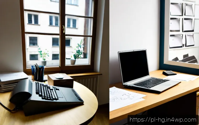 UX 라이팅의 역사  발전 과정 이해하기 - Photorealistic split-era workspace illustrating the evolution of UX writing, left side a warm 1990s ...
